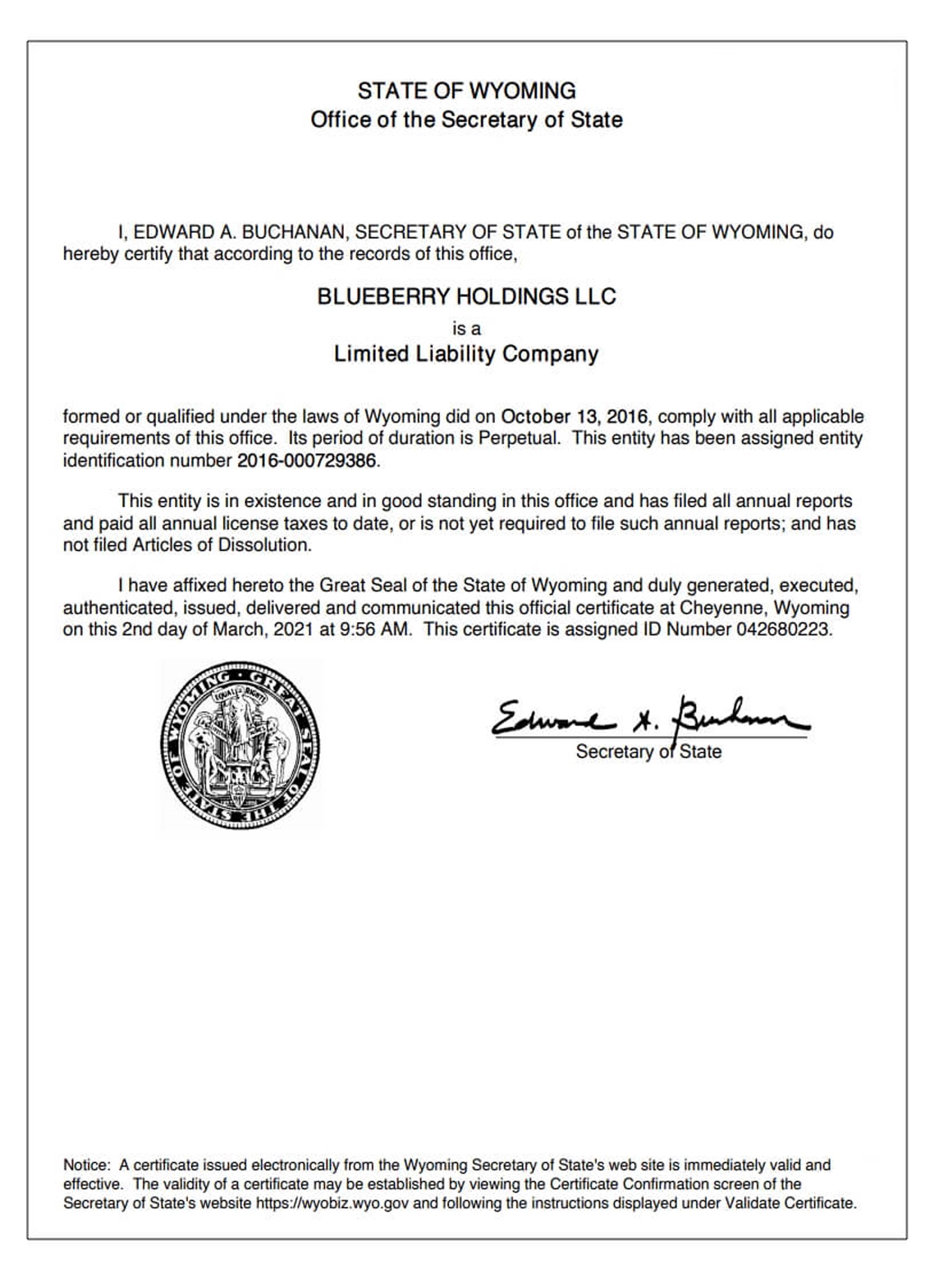 USA Wyoming certificate of good standing